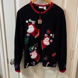 Vintage Women Black Cardigan Sweater Zip Up with Festive Santa Design Size Small